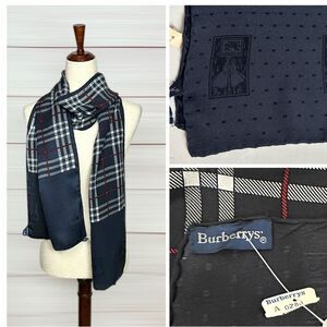 NWT Burberry Silk Oblong Scarf Navy Blue Nova Check Vintage Hand Rolled New